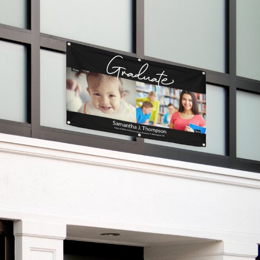 Afstuderen dan en nu Afstudeerder aangepaste foto Spandoek (Buitenkant Gebouw)