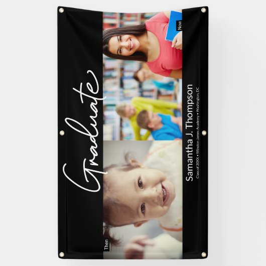 Afstuderen dan en nu Afstudeerder aangepaste foto Spandoek (Verticaal)