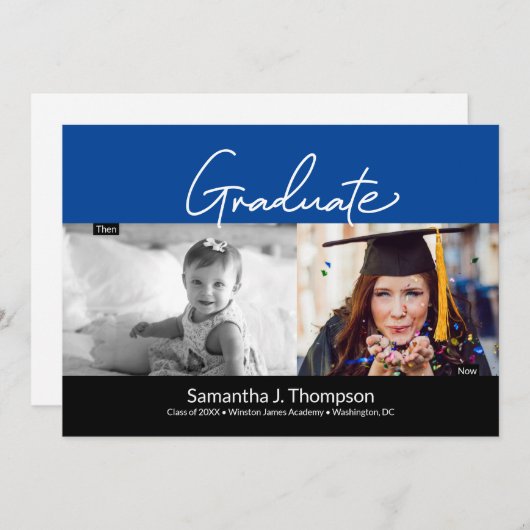Afstuderen dan en nu Foto's blauwe Graduation Part Kaart (Voorkant / Achterkant)