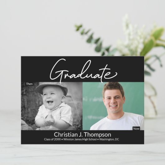 Afstuderen dan en nu middelbaar Afstudeerder foto Aankondiging (Staand voorkant)