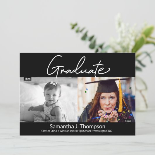 Afstuderen dan en nu middelbaar Afstudeerder foto Aankondiging (Staand voorkant)