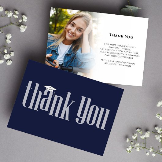 Afstuderen Dank u Foto Navy Blue Modern Elegant Bedankkaart