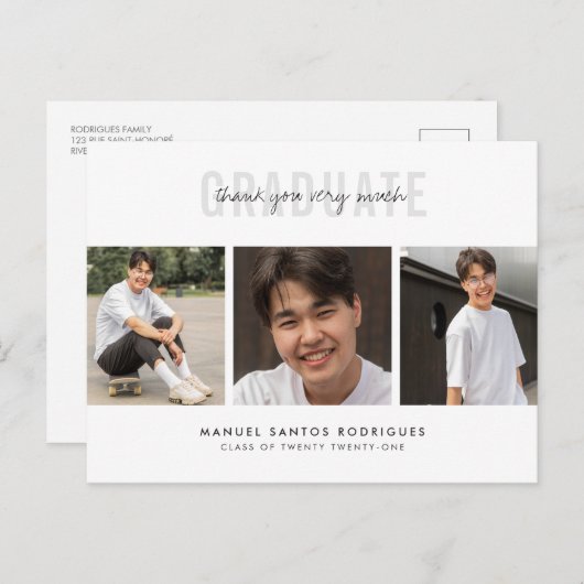 Afstuderen dank u minimalistische 3 fotocollage briefkaart (Voorkant / Achterkant)