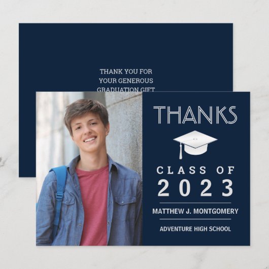 Afstuderen Dank u Modern Foto Blauw Bedankkaart (Voorkant / Achterkant)