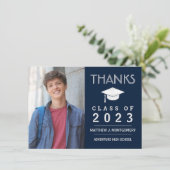 Afstuderen Dank u Modern Foto Blauw Bedankkaart (Staand voorkant)