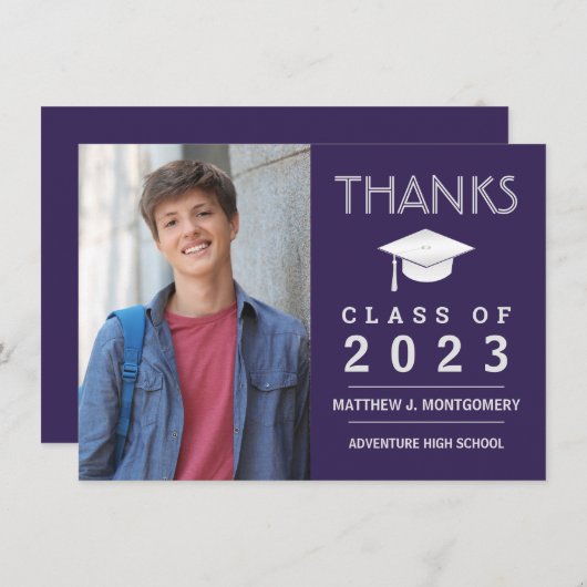 Afstuderen Dank u Modern Foto Paars Bedankkaart (Voorkant / Achterkant)