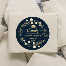Afstuderen Dank u Navy Blue Gold Floral Ronde Sticker