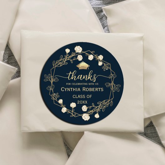 Afstuderen Dank u Navy Blue Gold Floral Ronde Sticker