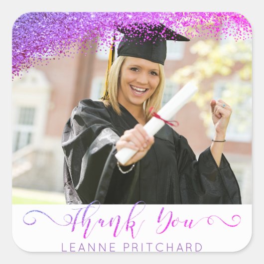 Afstuderen Dank u Paarse Glitter Script Foto Vierkante Sticker (Voorkant)