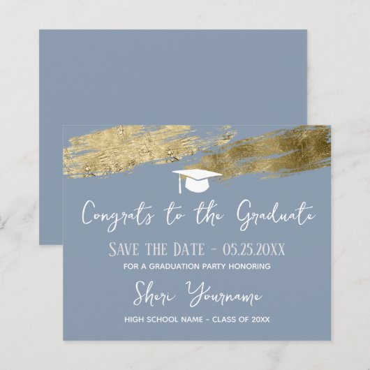 Afstuderen De datum Gold Dusty Blue opslaan (Voorkant / Achterkant)