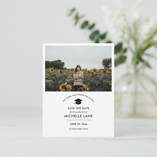 Afstuderen De datum opslaan Afstudeerder Foto Briefkaart (Staand voorkant)