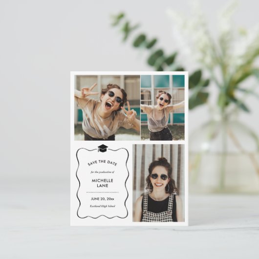 Afstuderen De datum opslaan | Moderne fotocollage Briefkaart (Staand voorkant)