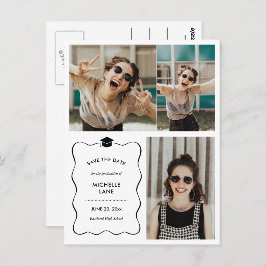 Afstuderen De datum opslaan | Moderne fotocollage Briefkaart (Voorkant / Achterkant)