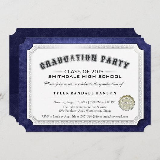 afstuderen Diploma Navy Blue & White Invite 2015 Kaart (Voorkant / Achterkant)