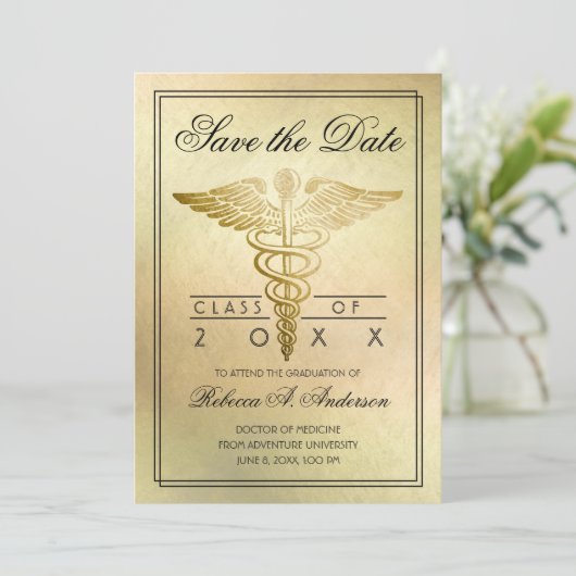 Afstuderen Doctor Caduceus Gold Elegant Save The Date (Staand voorkant)