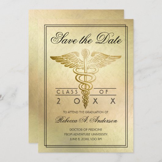 Afstuderen Doctor Caduceus Gold Elegant Save The Date (Voorkant / Achterkant)