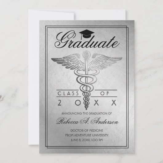 Afstuderen Doctor Caduceus Silver Afstudeerder Pet Aankondiging (Voorkant)