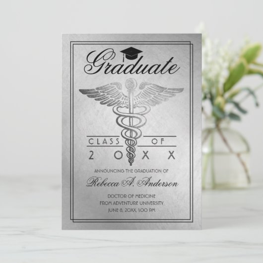 Afstuderen Doctor Caduceus Silver Afstudeerder Pet Aankondiging (Staand voorkant)