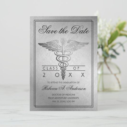 Afstuderen Doctor Caduceus Silver Elegant Save The Date (Staand voorkant)