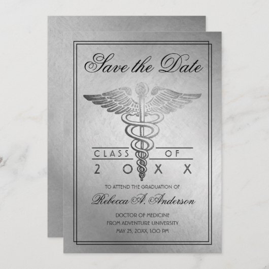Afstuderen Doctor Caduceus Silver Elegant Save The Date (Voorkant / Achterkant)
