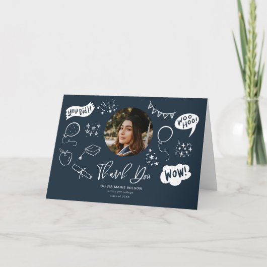 Afstuderen Doodle met Afstuderen foto Navy Blue Bedankkaart (Voorkant)