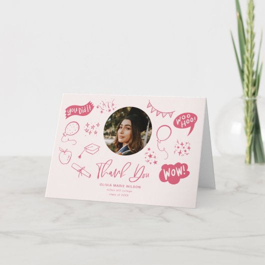Afstuderen doodle met Afstuderen foto roze Bedankkaart (Voorkant)