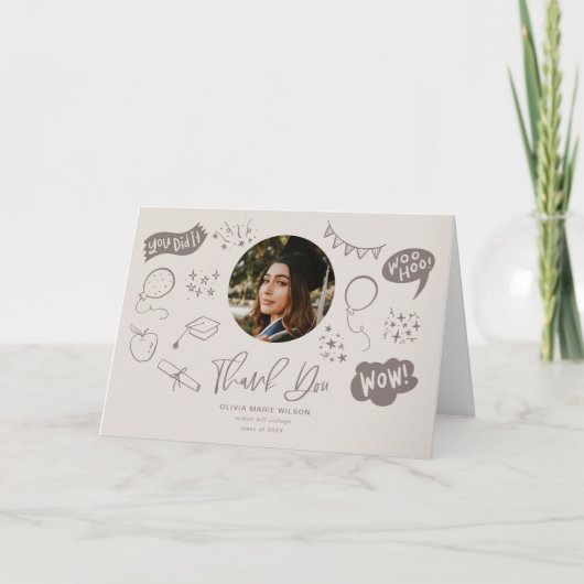 Afstuderen Doodle met Afstuderen foto Sandy Beige Bedankkaart (Voorkant)
