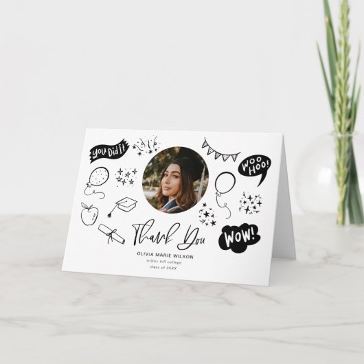 Afstuderen doodle met Afstuderen foto wit Bedankkaart (Voorkant)