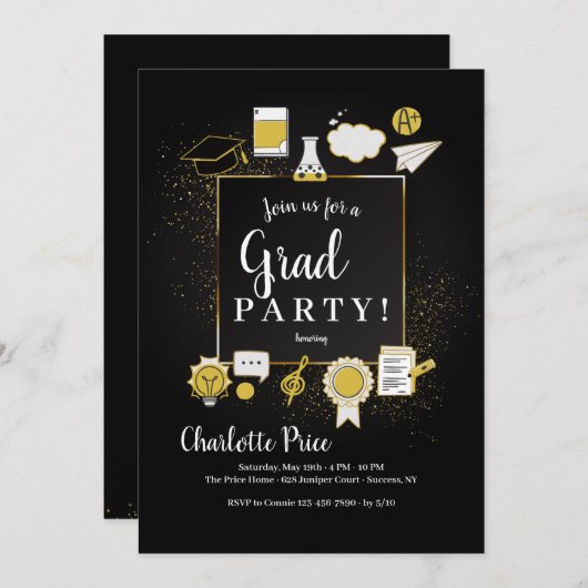 Afstuderen Doodles Invitation Kaart (Voorkant / Achterkant)