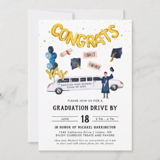 Afstuderen door paradepartij | Witte Limo Kaart (Voorkant)