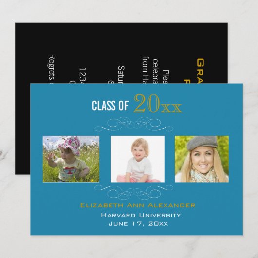 Afstuderen drie Fotoparty-uitnodigingen Kaart (Voorkant / Achterkant)