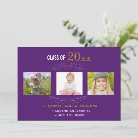 Afstuderen drie Fotoparty-uitnodigingen Kaart (Staand voorkant)