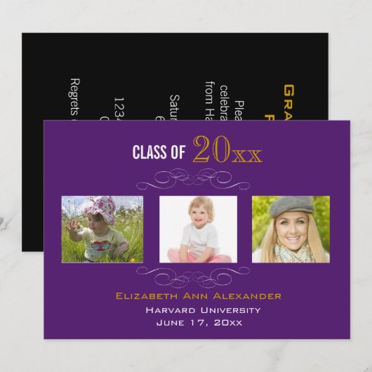 Afstuderen drie Fotoparty-uitnodigingen Kaart (Voorkant / Achterkant)