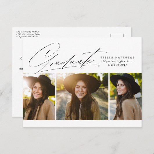 Afstuderen drie foto's eenvoudig modern afstuderen briefkaart (Voorkant / Achterkant)