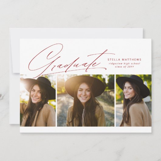 Afstuderen drie foto's eenvoudig modern rood afstu kaart (Voorkant)