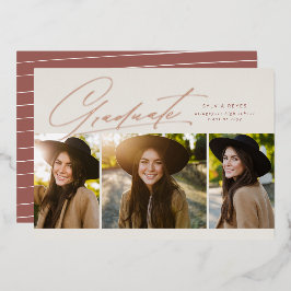 Afstuderen drie foto's met eenvoudig roos afstuder folie uitnodiging