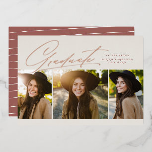 Afstuderen drie foto's met eenvoudig roos afstuder folie uitnodiging