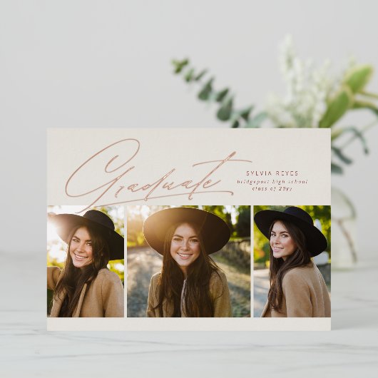Afstuderen drie foto's met eenvoudig roos afstuder folie uitnodiging (Staand Voorkant)