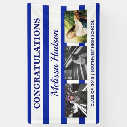 Afstuderen Drie van strepen het Marineblauwe Wit Spandoek (Verticaal)