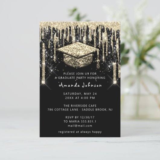 Afstuderen Drip Glitter Burgund Gold Black Kaart (Staand voorkant)