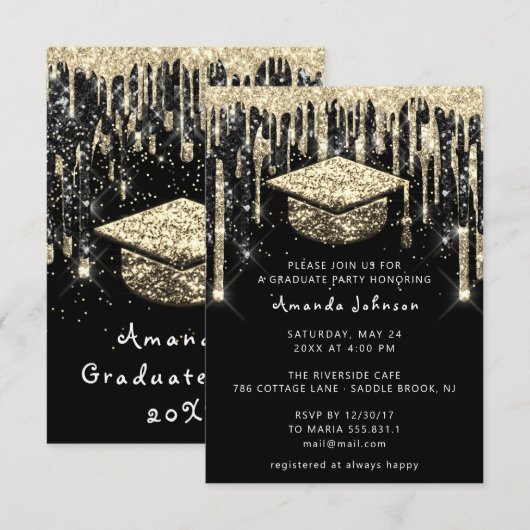 Afstuderen Drip Glitter Burgund Gold Black Kaart (Voorkant / Achterkant)