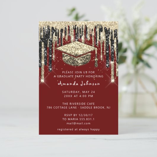 Afstuderen Drip Glitter BurgundGold-Confetti Kaart (Staand voorkant)