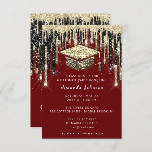 Afstuderen Drip Glitter BurgundGold-Confetti Kaart (Voorkant / Achterkant)