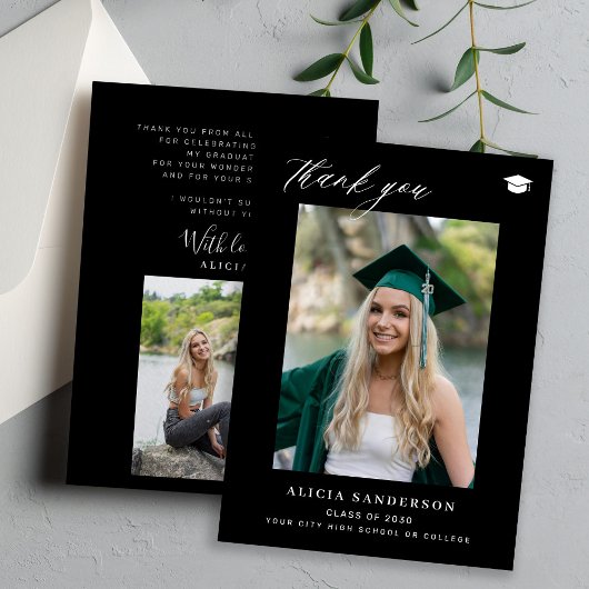 Afstuderen eenvoudig modern zwart foto afstuderen bedankkaart