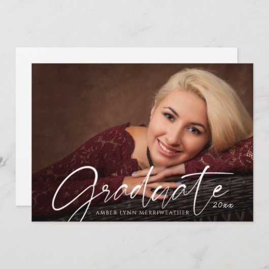 Afstuderen Eenvoudige Chic White Script Photo Part Kaart (Voorkant / Achterkant)