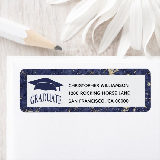 Afstuderen Elegant Blue White Marble Etiket (Insitu)
