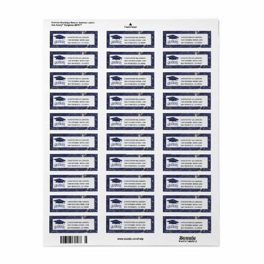 Afstuderen Elegant Blue White Marble Etiket (Full Sheet)