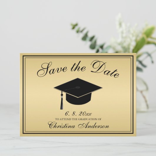 Afstuderen Elegant Gold Black Script Save the Date Kaart (Staand voorkant)