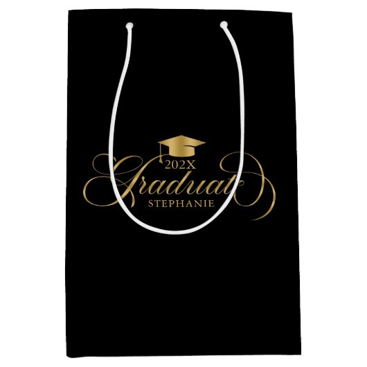 Afstuderen Elegant Goud Zwart Script Typografie Medium Cadeauzakje (Voorkant)