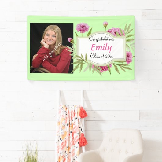 Afstuderen, Elegant roze bloemig, foto, op maat Spandoek (Insitu)